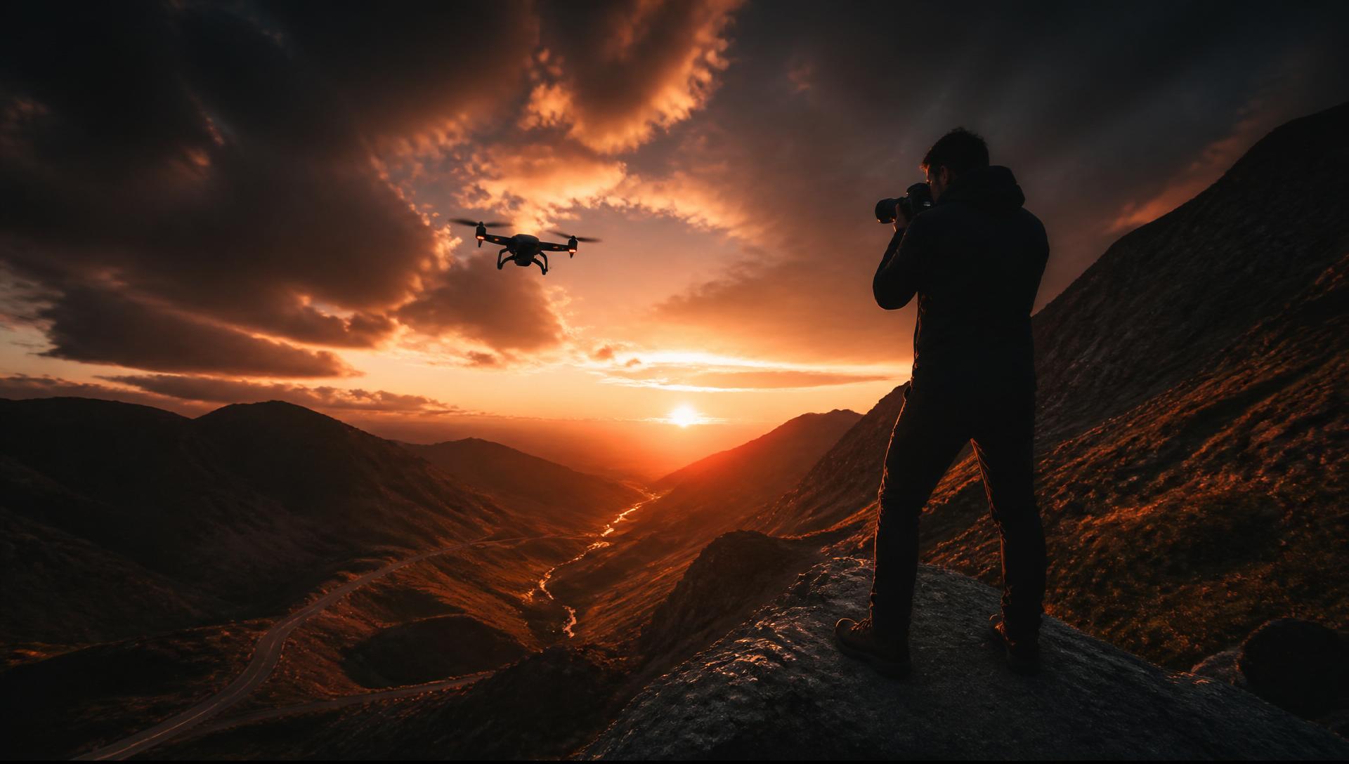 Fotograf și dronă pe Transfăgărășan la apus